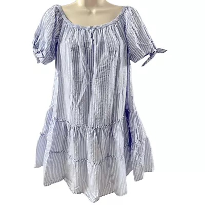 BCBG Max Azria ~ Chambray Blue And White Striped Off The Shoulder Dress ~ Size M • $28