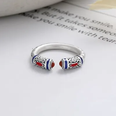 Retro 925 Sterling Silver Red Agate Heart Sutra Carved Open Ring • $37