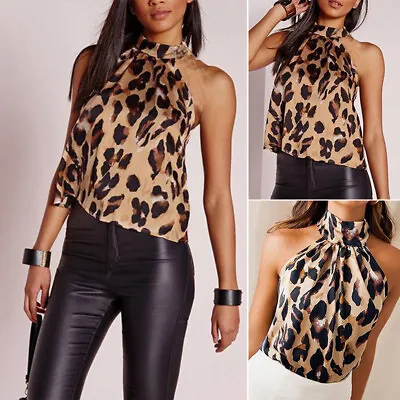 Ladies Boho Halter Neck Top Women Summer Beach Holiday Vest Tank Leopard Blouse • £5.08