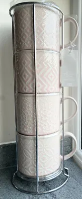 £17 • Buy New NEXT Set Of 4 Pink Geo Embossed Stacking Mugs/Kitchen Cups With A Stand