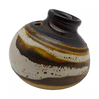 Boho Striped Stoneware Bud Vase - 4  Small Beige Brown Swirl Retro Farmhouse • $23.20