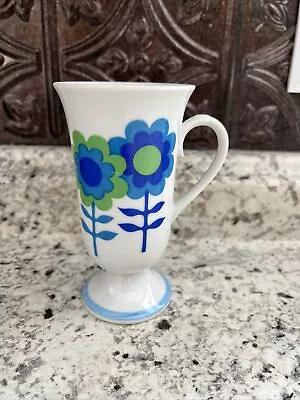 Vintage Retro Pedestal Coffee Cup Mug Green Blue Mod Hippie Flower Power MCM • $11.99