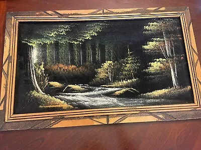 Black Velvet Painting Mexico Forest Trees Stream Picture Frame Wood Vtg Fabric • $45