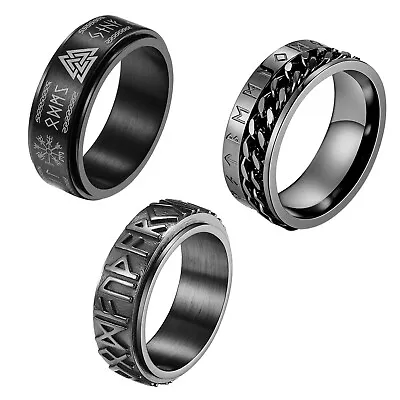 3Pcs Mens 8MM Viking Runes Black Stainless Steel Spinner Anti Anxiety Ring Bands • $14.87