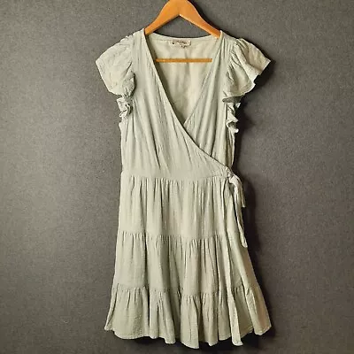 MISS SHOP Womens Faux Wrap Mini Dress Size 8 Sage Green Sleeveless Fit And Flare • $16.95