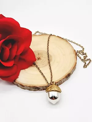 $11.24 • Buy Vintage Necklace Puffy Acorn Nut Autumn Fall Gold Silver Tone Chain Textured