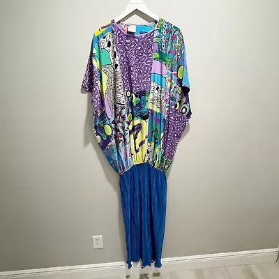 Vtg MAGGIE SHEPHERD Women’s Blue Multi Blouson Pleated Skirt Disco Dress Size L • $48