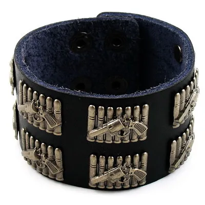 Leather Bracelet Mens Bullet Style Black Buckle Waistband UNIQUE COOL Fashion • $14.95