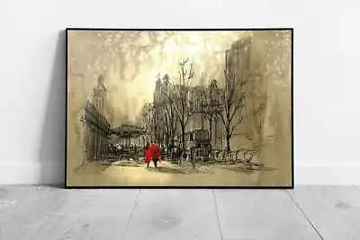 Illustration Art Couple In Red Walking On City Street Ready To Hang Wall Art • $12.57