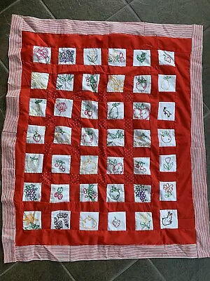 Vintage Small Quilt Top Hand Embroidered Stitched Fruits Flowers 41” X 35” Red • $35