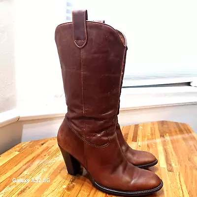 Women's Mia Size 8.5 M Pull On Distressed Brown Leather Casual High Heel Boots • $35.95