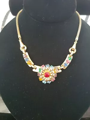 Vintage Rare  1940s Barclay Necklace Rhinestone Multi-colored Gold Filled  • $400