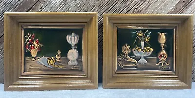 2 Vintage MCM Tooled Copper Pictures Still Life With Books Lamp Vase Letters • $34