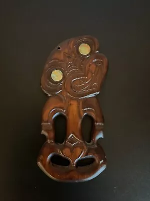Vintage Maori New Zealand Carved Tulip Wood Tiki  Abalone 7” Tall Wall Art • $55