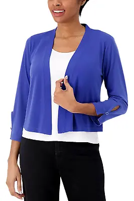 Susan Graver Liquid Knit Open-Front 3/4 Sleeve Shrug W/Button Blue • $27.99