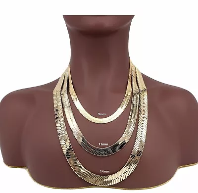 Yellow 14K Flat Herringbone Chain 9mm 11mm 14mm Necklace Gold Plated • $16.99