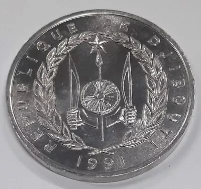 1991 Djibouti 5 Francs Aluminum Coin - Coat Of Arms/Waterbuck  BU • $3.75