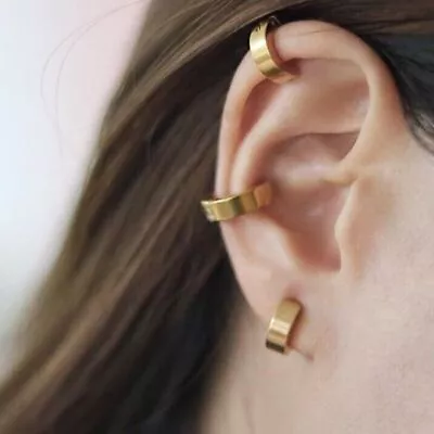$9.39 • Buy Woman 18K Gold Plated Round Earring Clip Hoop Ear Cuffs Cartilage No Pierce 2pcs