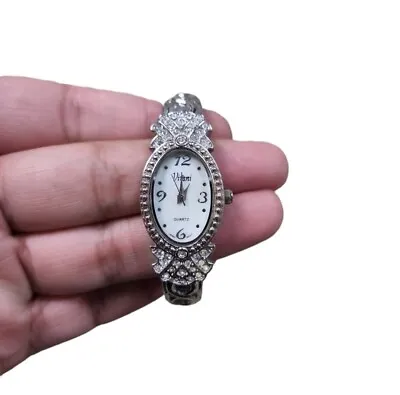 Vintage Vivani Silver Toned Quartz Mother Of Pearl Bling Cuff Watch • $20