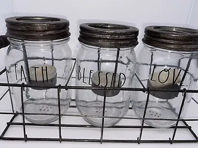 Rae Dunn Mason Jars Tealight Candle  Metal Caddy FAITH LOVE BLESSED 3 Candle Jar • $22.99