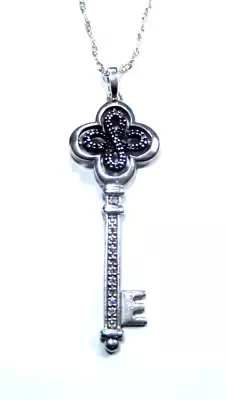 *VINTAGE*  Sterling Silver Real White & Black Diamond Key Pendant W/24  Chain • $49.99