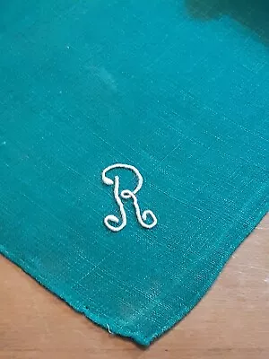 Vgt R Monogram  White Embroidery On Green Linen Hankie Handkerchief • $6.50