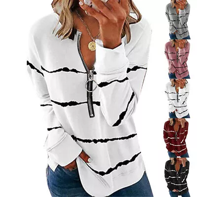 Womens Long Sleeve V Neck Zipper Tops T-Shirt Ladies Casual Loose Blouse Tee • $19.85