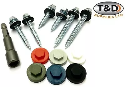 6.3mm (14G) ROOFING TEK SCREWS HEX HEAD SEALING WASHER COVER CAP & DRIVE BIT  • £88