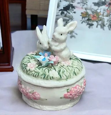 Vintage Ceramic Bunny Rabbit Trinket Jewelry Box With Embossed Flowers • $16.16