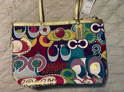 NWT Coach F19434  Poppy C Signature Print Multicolor Gold Tote Handbag • $99.95