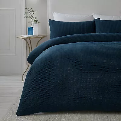 Duvet Cover Bedding Set Lindly Washed Effect Waffle Weave Textured Serene Navy • £18.89