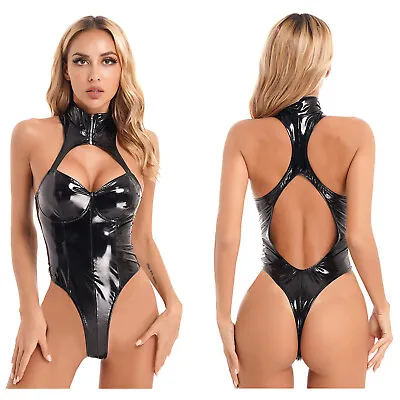 US Womens PVC Leather Wetlook Lingerie Bodysuit Zipper Leotard Jumpsuit Clubwear • $14.79