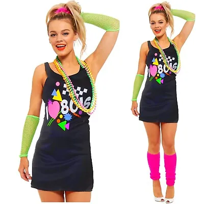 Ladies I Love The 80s Dress 1980s Hen Festival Fancy Dress Costume UK 8-16  • £10.99