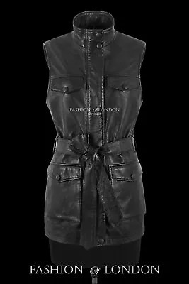 Womens Leather Waistcoat Trench Gilet Black Long Classic Style Waist Belted Vest • £68.15