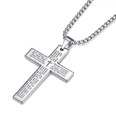 Men Boy Silver Cross Necklace Stainless Steel Christ Jesus Bible Pendant Chain • $9.99