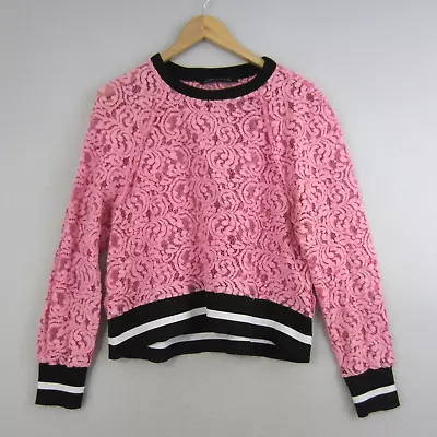 Zara Women Top Womens Large 14 Pink Black Lace Geometric Striped Elastic Waist • $24.95