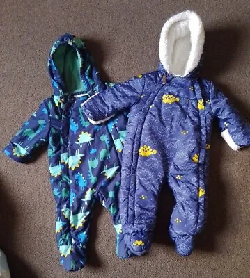 2 X Baby Boys Toddler Dinosaur M&S & Boots Snowsuit Fleece Lined Age 6-9 Months • £3.99