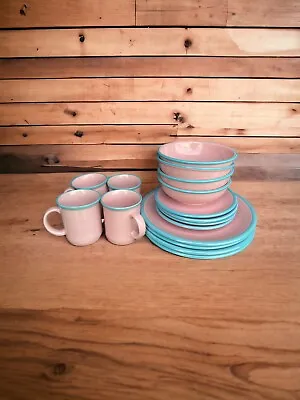 Four Place Setting 20 Pieces Rio Stoneware Japan Pink & Blue Vintage Plates Bowl • $125