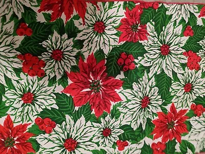Vtg Christmas Table Runner Red White Poinsettias Green Holly Berries • $13.40