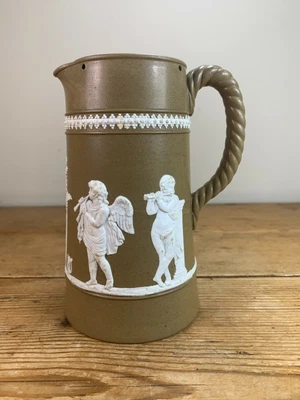 Victorian Brown Pottery Jug With 3D Angels / Cherubs And Rope Effect Handle • £3.50