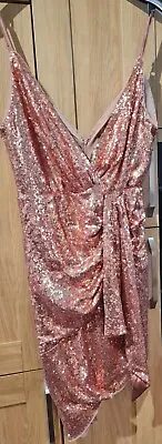 £15 • Buy Rose Gold Sequin Plunge Dress - Size 14 - Exc Cond