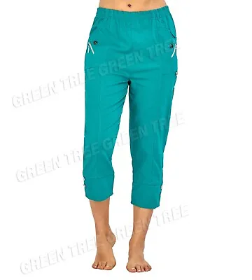 £11.99 • Buy Ladies Women Cropped Trousers Stretchy Summer Cotton Capri Plus Size 10 To 24 
