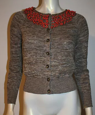 Moth Cardigan Sweater S Brown Heathered  Orange Beads Marled Linen Cotton Anthro • $41.33