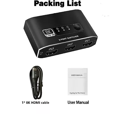 8K HDMI 2.1 Switch 3 In 1 Out HDMI2.1 Switcher For PS5/ PS4 For Roku/Fire TV • $32.49