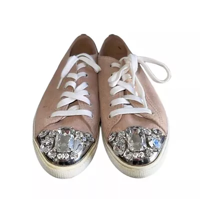 Miu Miu Crystal-Studded Suede Sneakers In Pink Size 6 (36) 5E8557 • $65