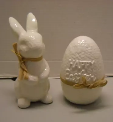 White Ceramic Rabbit And Egg Weaved Pattern Happy Easter Shabby Chic Décor • £35.96