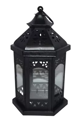 Hanging Decorative Lantern Flameless Candle Holder Black Metal Glass • $19.99