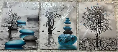 3 Piece Turquoise/Black/Gray Stretched Canvas Continuous Wall Art 16x12x1 Each • $39.99