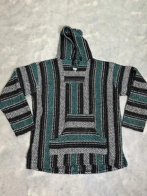 Vintage Baja Joe Drug Rug Pancho Mexican Blanket Size XL Hoodie Surfer Teal Gray • $21.23