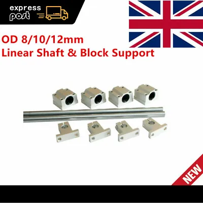 OD 8-12mm Linear Shaft Smooth Rod Optical Axis Support & Bearing Block 300-600mm • £6